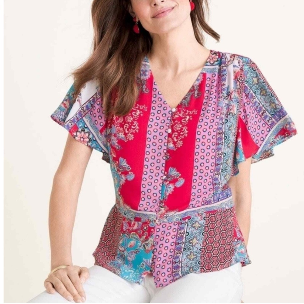 Chicos Patchwork Print Peplum Flutter Sleeve Top … - image 1
